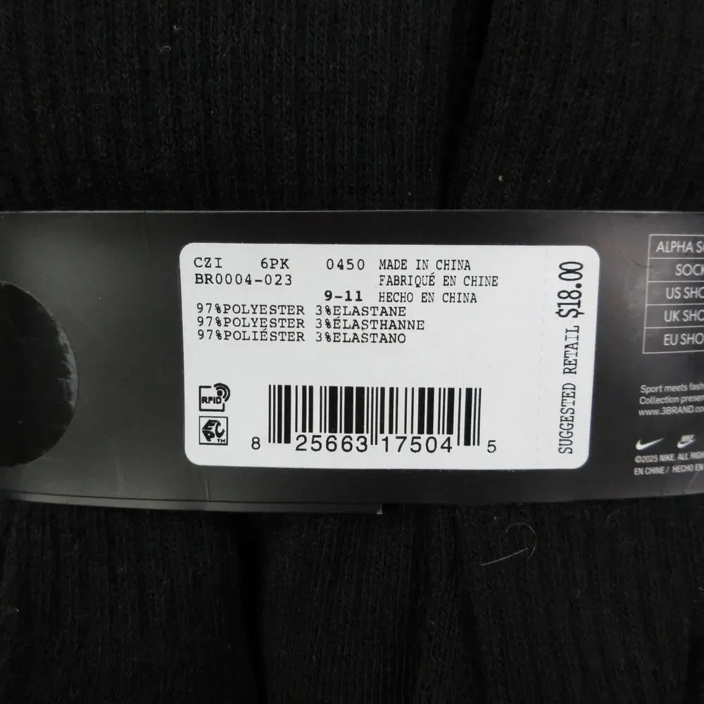 Nike Crew Socks Youth M Black 6 Pack Cushioned Dri-FIT Sock 9-11 Shoe 5Y-7Y NWT